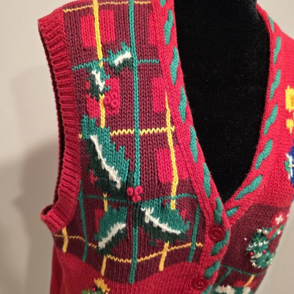 Jennifer Moore Petites Ugly Christmas Sweater Vest Women's Medium Red Hand Knit - Picture 5 of 10